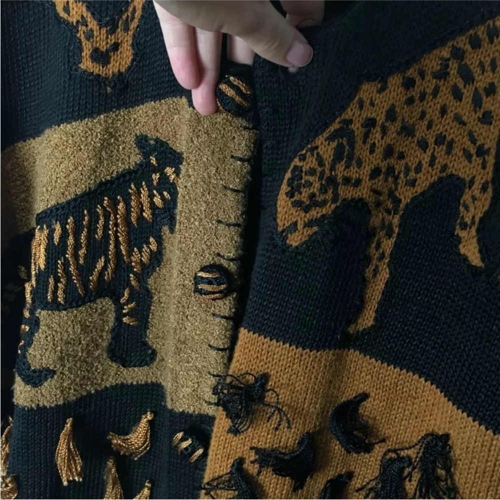 Victoria Harbour Cardigan Size Medium Sweater Black Brown Animal Print Vintage - Picture 5 of 8